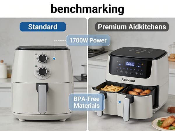 A side-by-side comparison of two different air fryer models with feature lists.