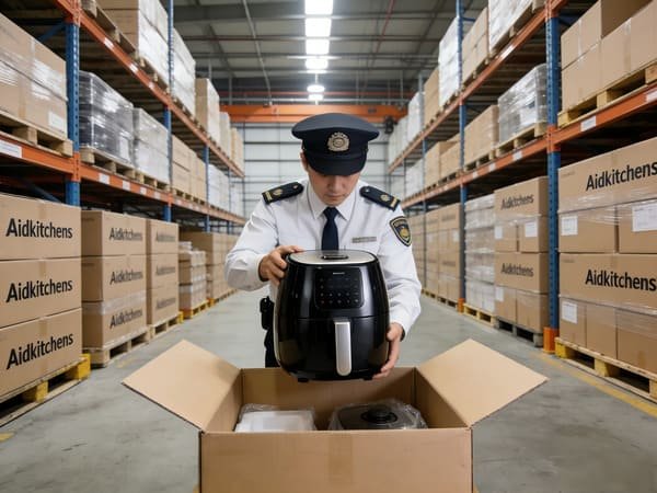A customs officer inspecting a shipment of air fryers in a warehouse
