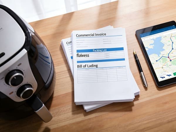 A stack of customs clearance documents including a bill of lading and commercial invoice for air fryers.