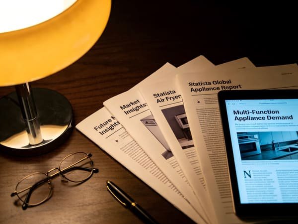 A collection of market research reports and industry news articles on a desk.