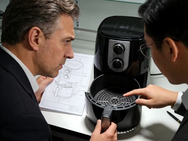 A person inspecting an air fryer's design for potential patent issues