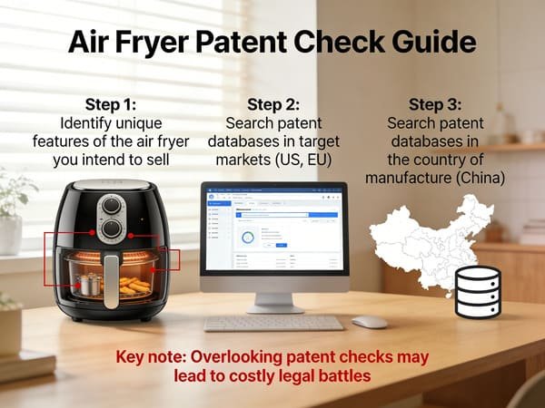 A magnifying glass over a patent document next to an air fryer diagram