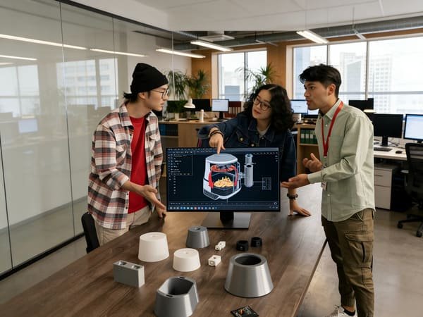 An engineer holding a CE certificate next to a custom-designed air fryer.