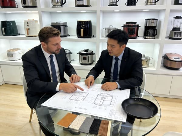 A buyer and a supplier representative discussing product specifications over a table with air fryer components.