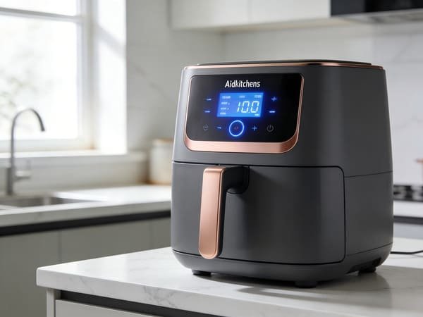 A modern air fryer showcasing its innovative features on a kitchen counter.