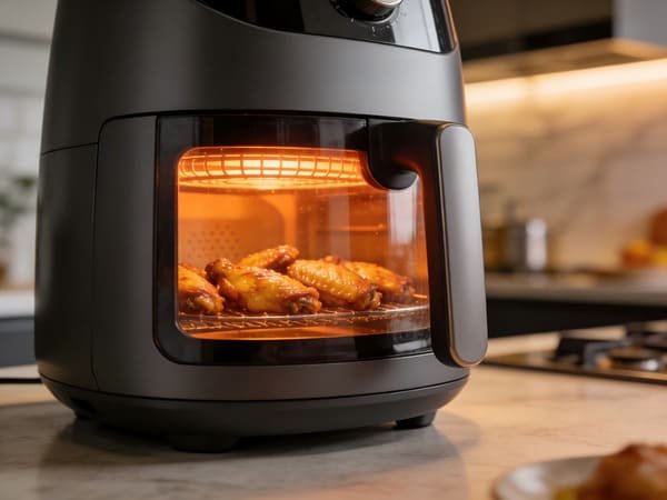 An air fryer with a transparent viewing window, showcasing food cooking inside.