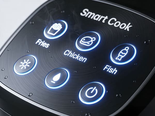 A close-up of an air fryer's digital control panel displaying various cooking presets.