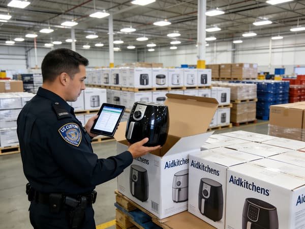 A customs officer inspecting a shipment of kitchen appliances