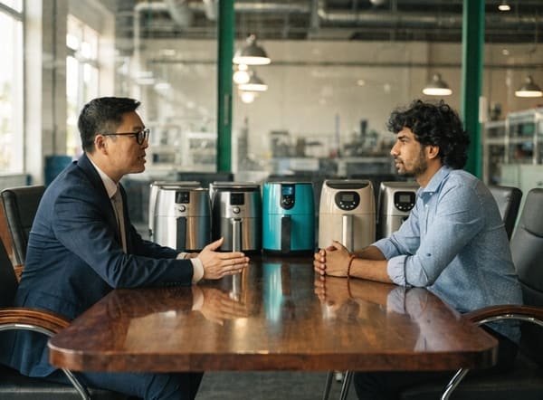 A person asking questions across a table in a business meeting