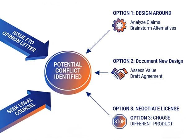 A flowchart showing the decision-making process for handling patent infringement risk