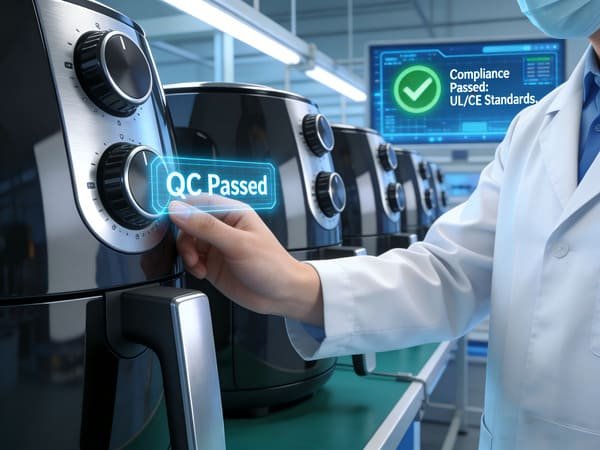 A quality control inspector checking an air fryer on a production line before shipment.