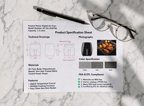alt with keywords: A detailed product specification sheet for an air fryer.