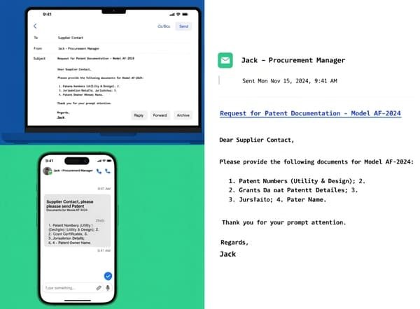 An email or message showing a request for patent documentation from a supplier