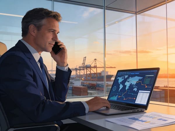 A procurement manager on a phone call, looking concerned while reviewing shipping documents on a laptop.