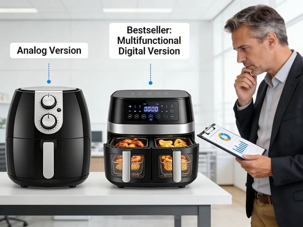 A procurement manager comparing two different air fryer models, making a decision based on trend data.