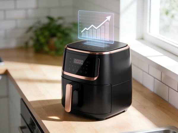 A modern kitchen with a sleek air fryer on the counter, symbolizing market trends.