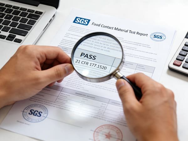 A person examining a technical test report document with a magnifying glass.