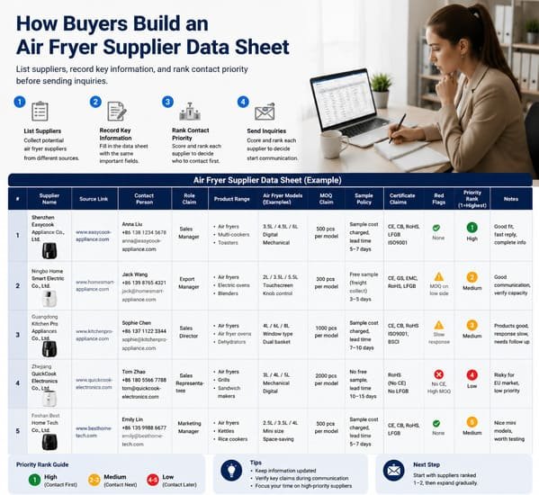 air fryer supplier data sheet for China sourcing comparison