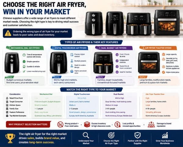 Different types of air fryers mechanical digital and dual basket