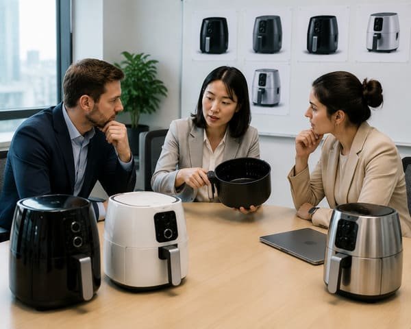 air fryer buyer reviewing product specifications and supplier documents